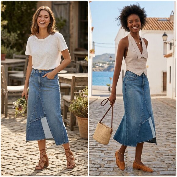 NWT Frame Denim Le Midi Patchwork Denim Midi Skirt Cahill Size 25, 26 $275 - Picture 2 of 16